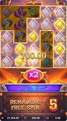 Alchemy Gold · Formasi kisi simbol dengan efek bingkai emas dan teks banner informasi di atas meja ramuan.
