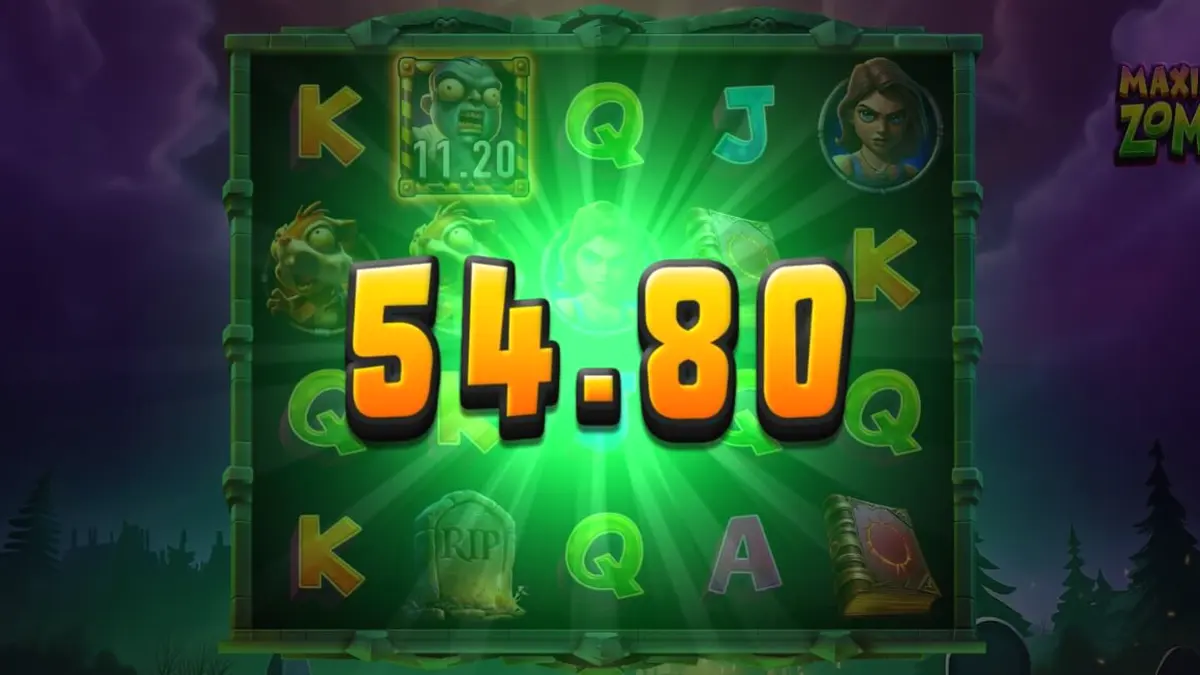 Tampilan antarmuka slot Maximum Zombie di perangkat seluler dengan latar belakang kota distopia